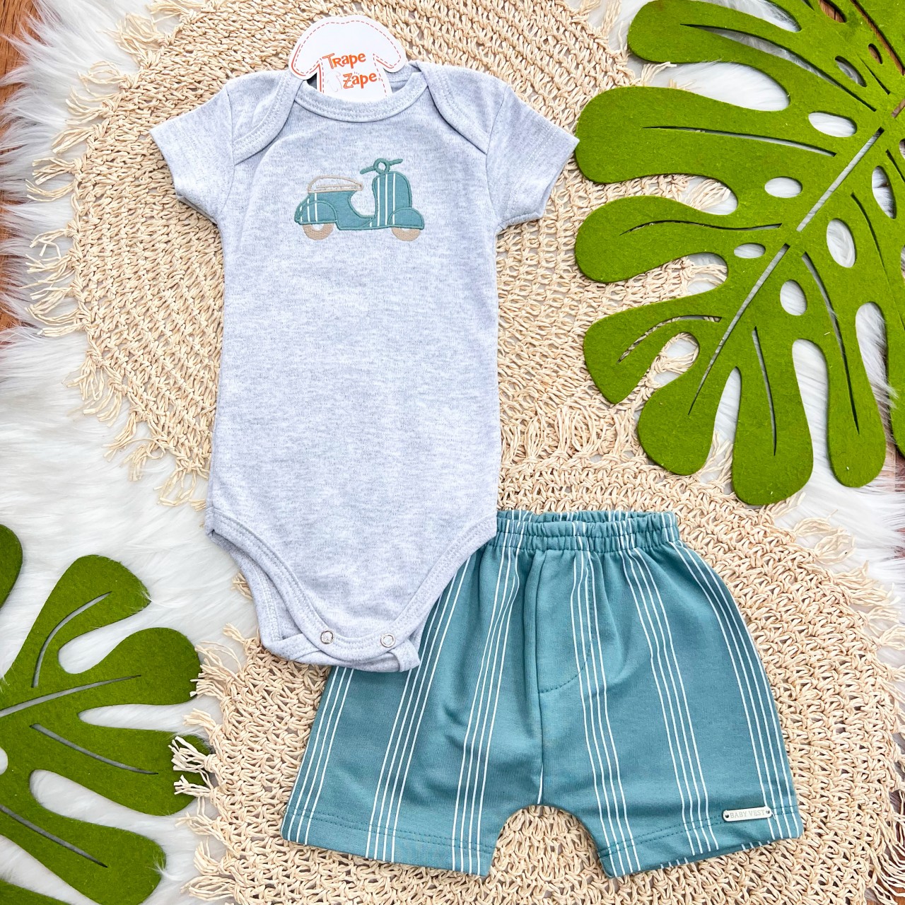 Conj body Lambreta Cinza e Short Listrado Verde